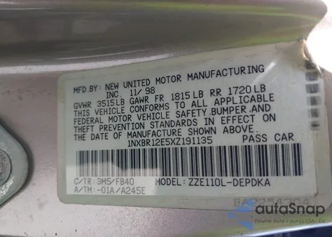 1999 Toyota Corolla Ce/Le/Ve из США, поврежденный, VIN 1NXBR12E5X2191135